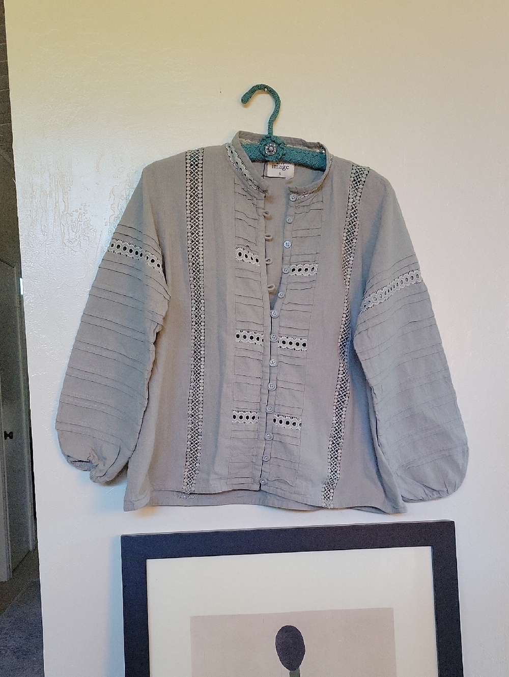 Light Gray Embroidered Button-Front Peasant Blouse